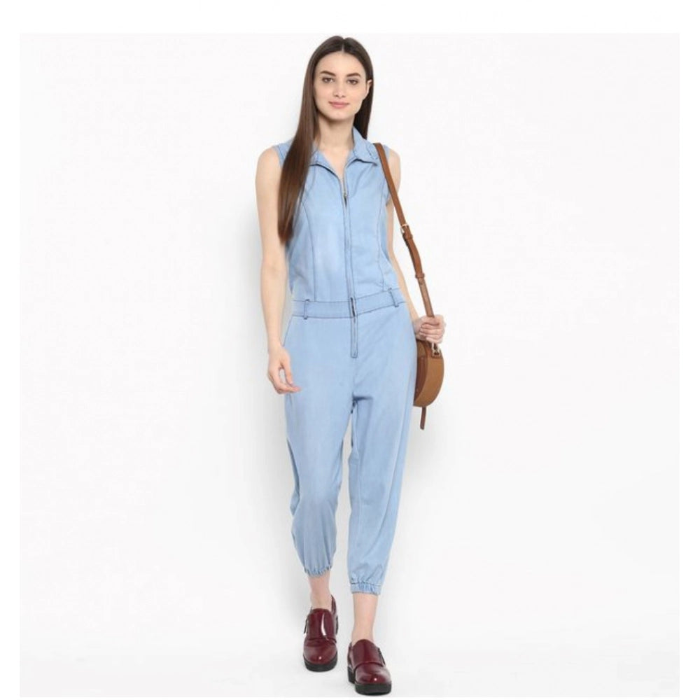 Women's Denim Solid Sleeveless Jumpsuit — Blue · JS_L