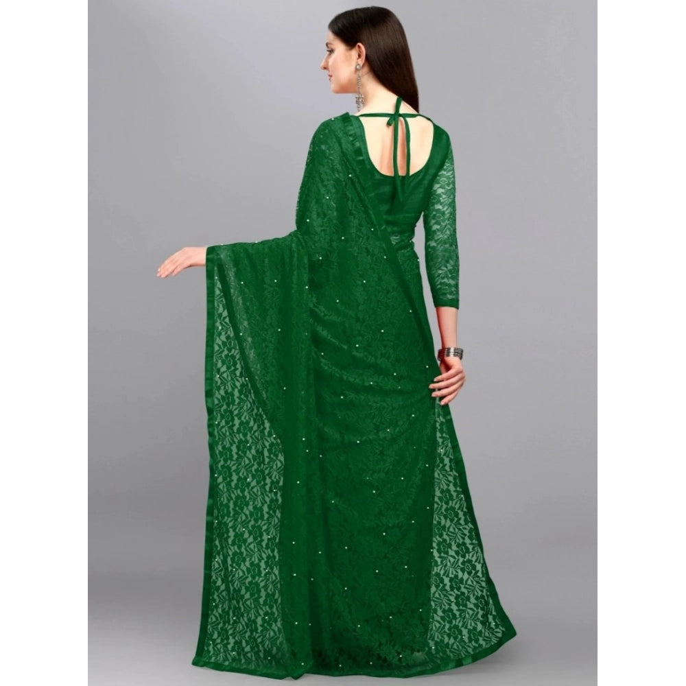 Women's Net Self Design Saree — Green
