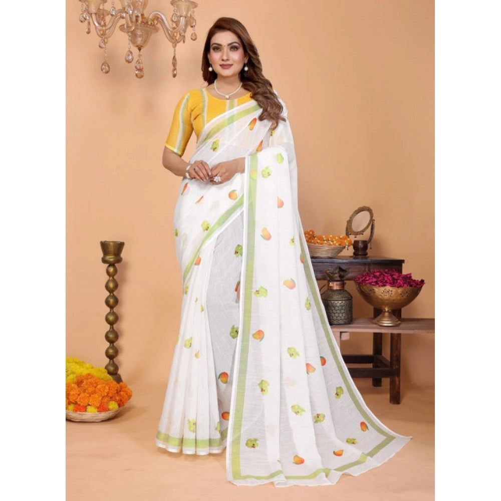 Women's Linen Cotton Printed Saree — White · 1958