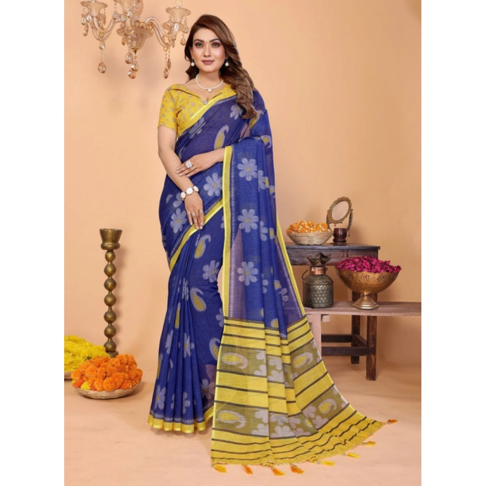 Women's Linen Cotton Printed Saree — Blue · 1960