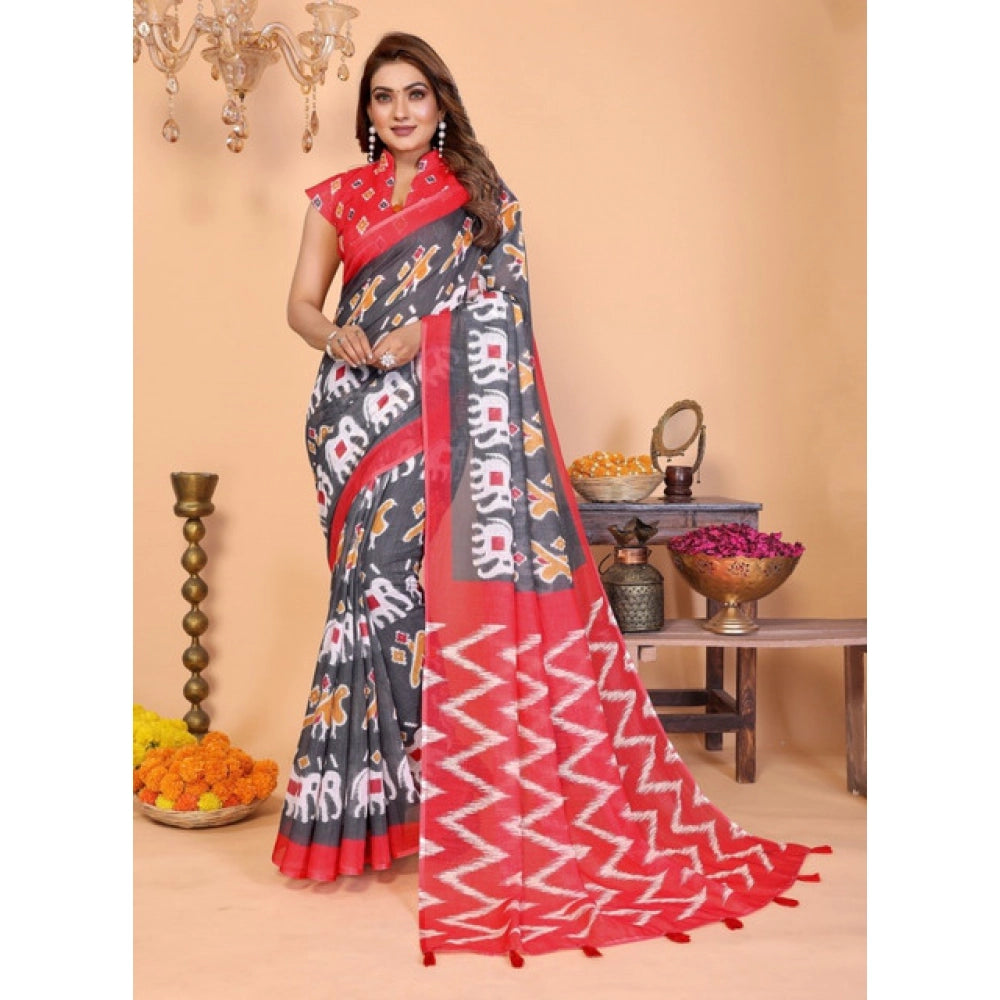 Women's Linen Cotton Printed Saree — Grey · 1961