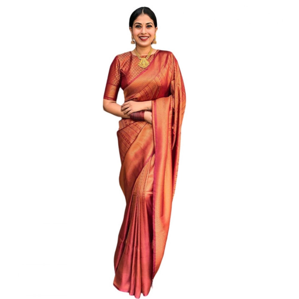 Women's Litchi Silk Printed Saree — Red · _RED