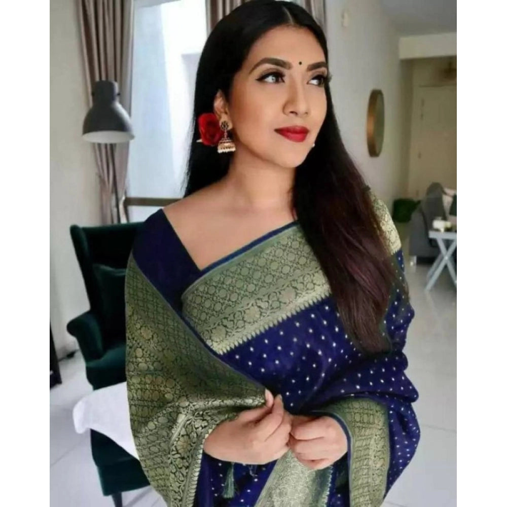 Women's Litchi Silk Printed Saree — Blue · BLUE