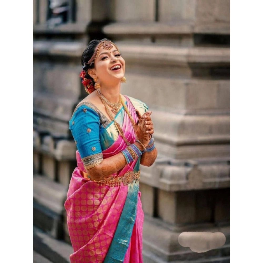 Women's Litchi Silk Printed Saree — Pink · PINK