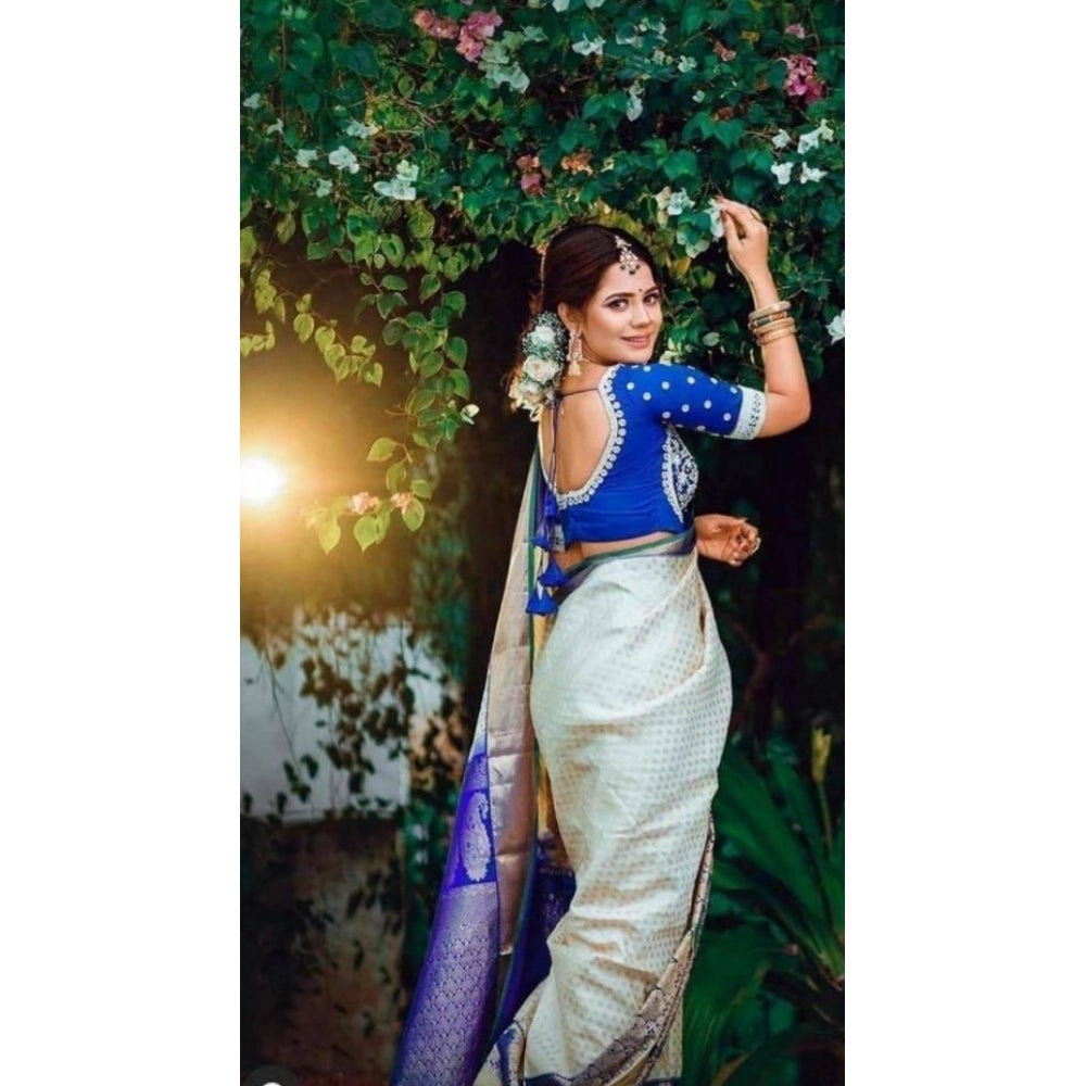 Women's Litchi Silk Printed Saree — Off White