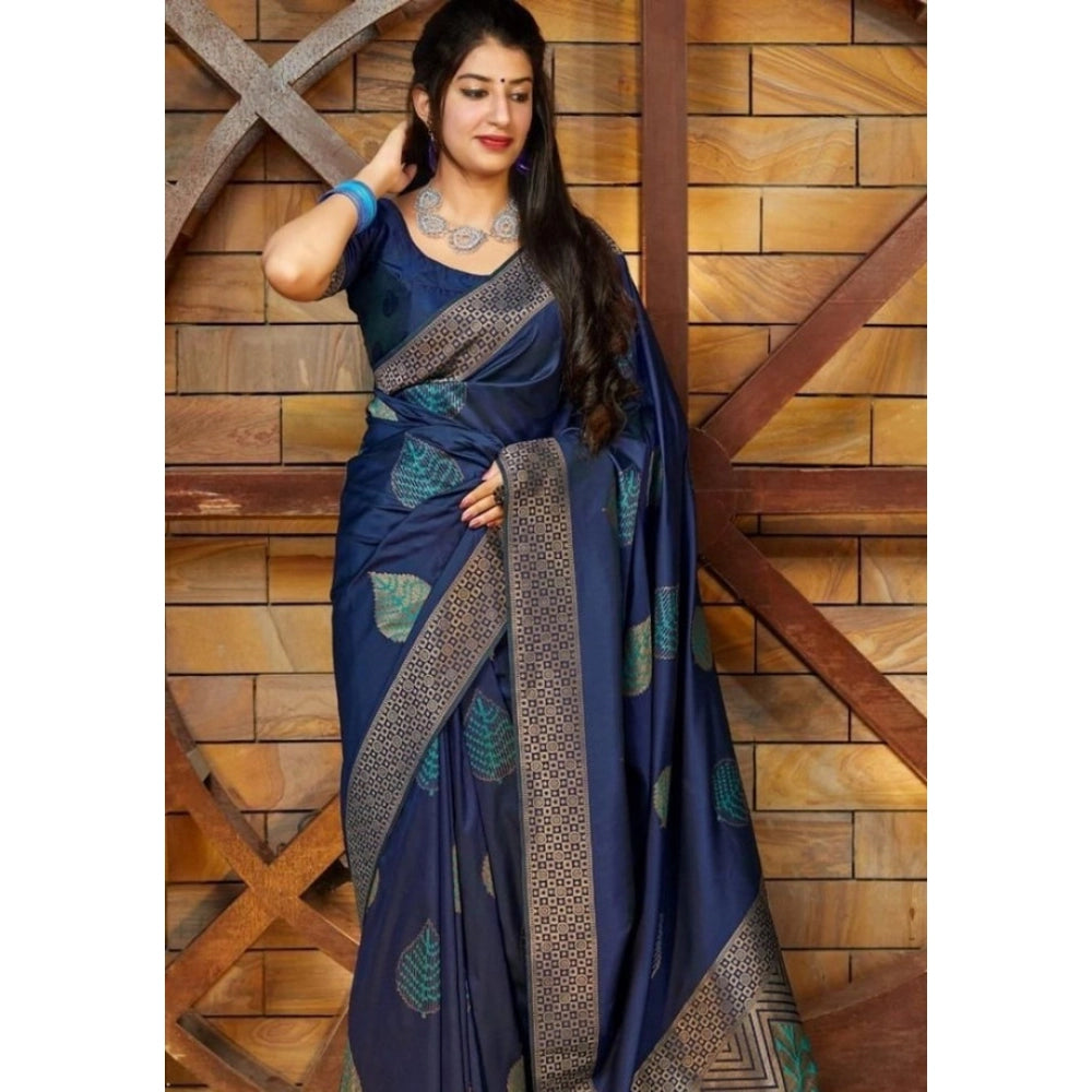 Women's Litchi Silk Printed Saree — Blue · BLUE
