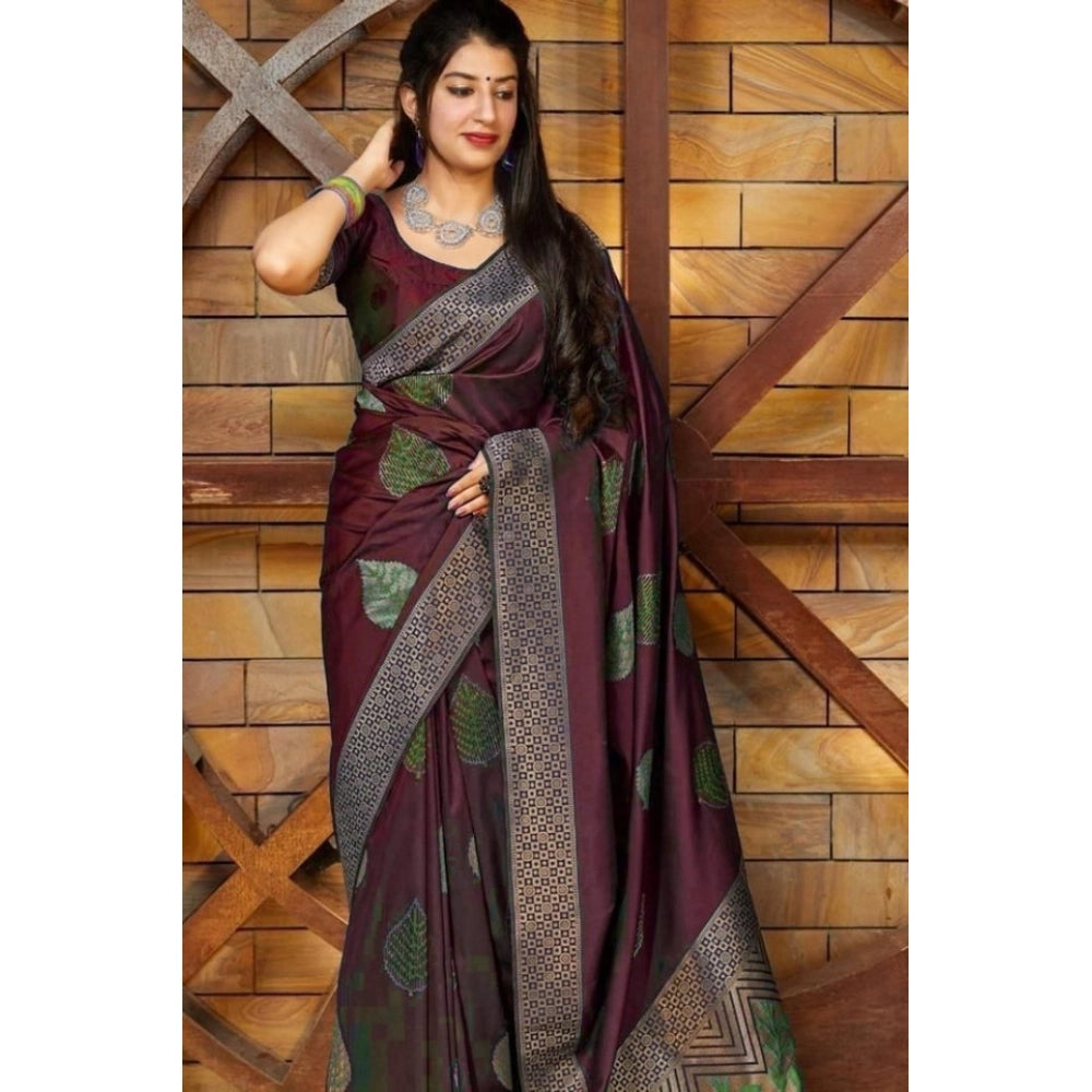 Women's Litchi Silk Printed Saree — Maroon · ROON