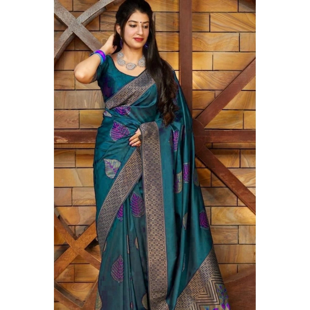 Women's Litchi Silk Printed Saree — Rama Blue · RAMA