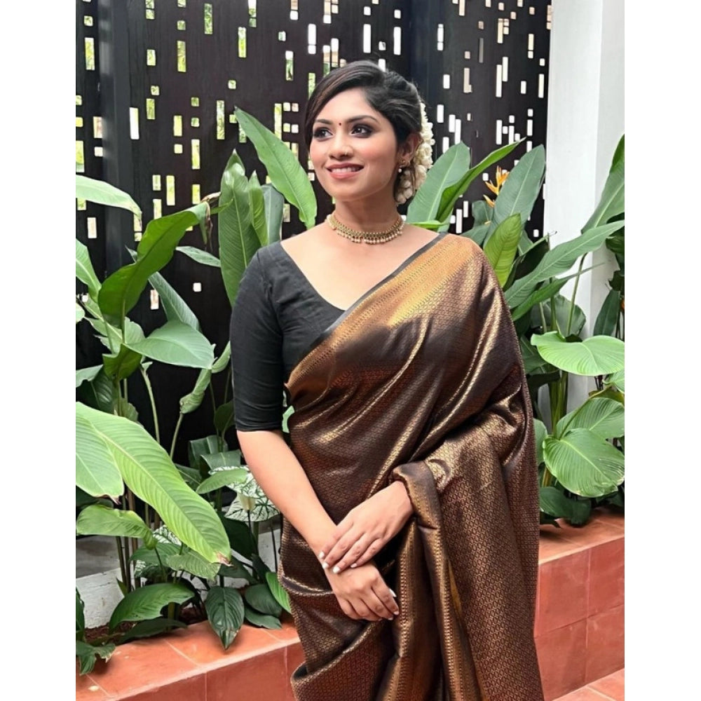 Women's Litchi Silk Printed Saree — Gold · GOLD