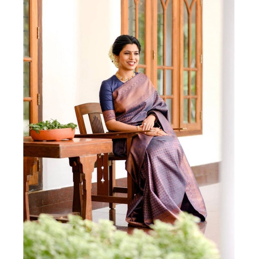 Women's Litchi Silk Printed Saree — Navy Blue · BLUE