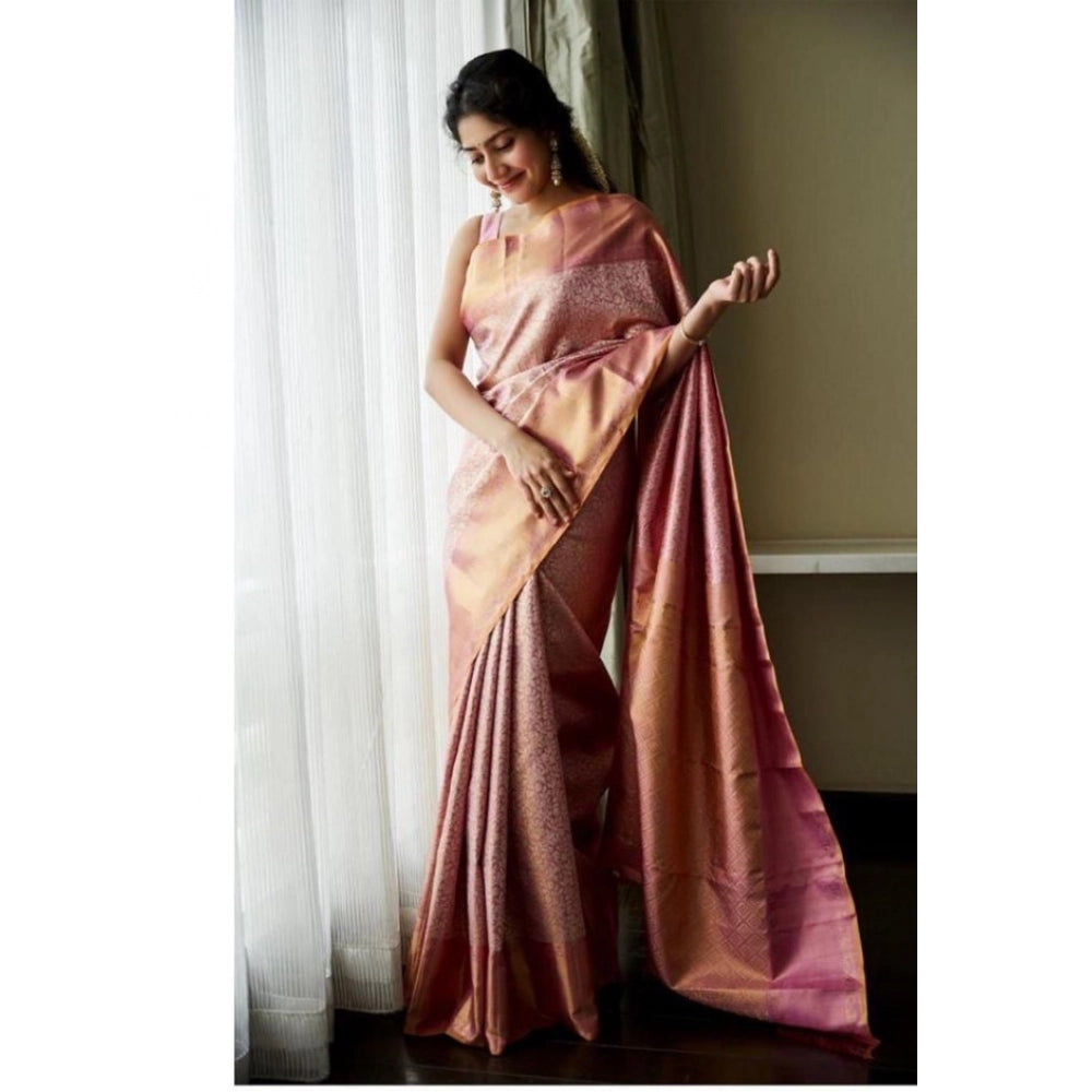 Women's Litchi Silk Printed Saree — Light Pink · PINK