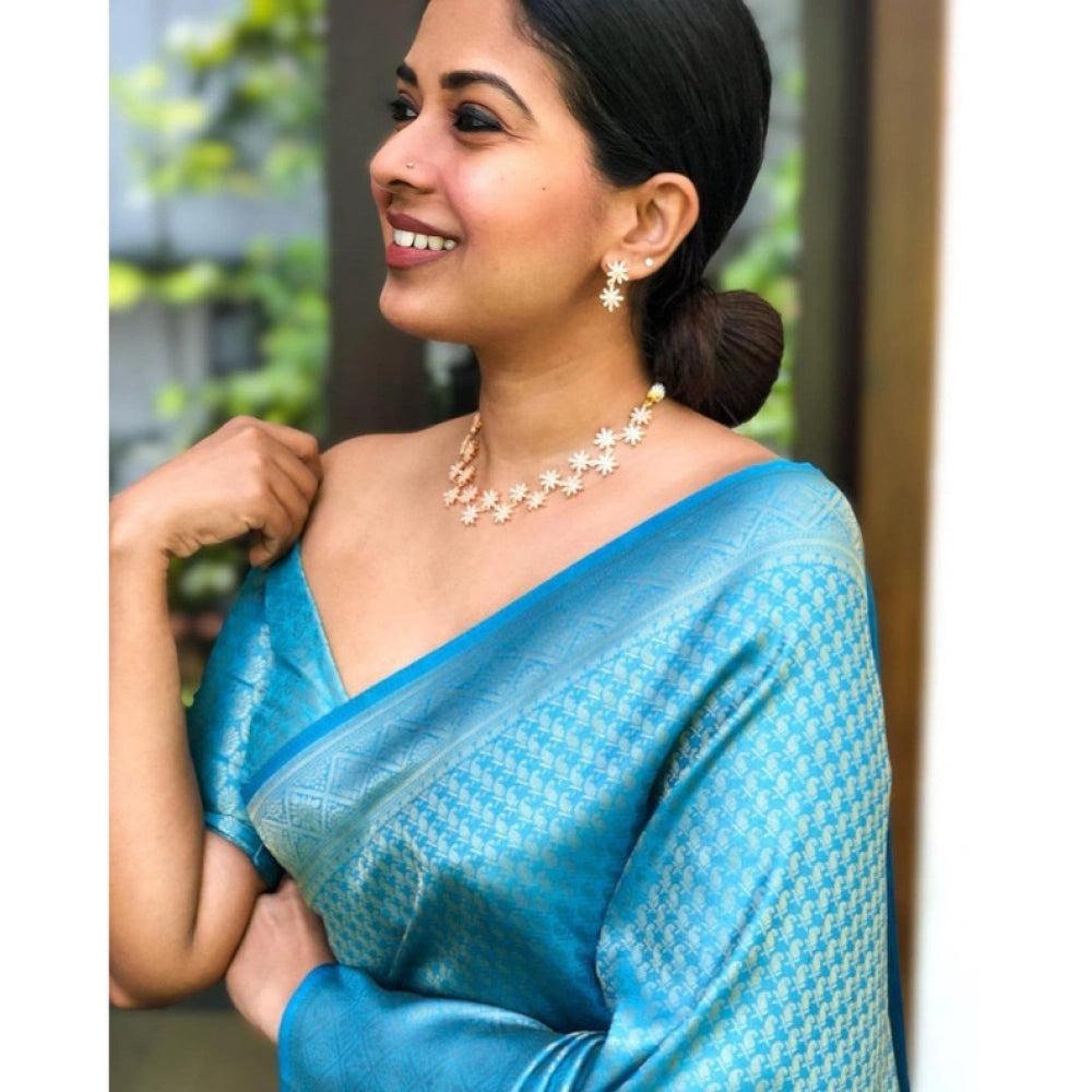 Women's Litchi Silk Printed Saree — Sky Blue