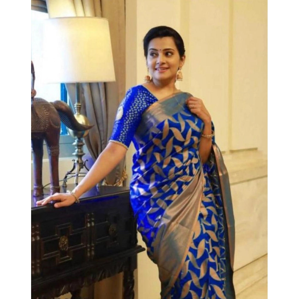 Women's Litchi Silk Printed Saree — Blue · BLUE