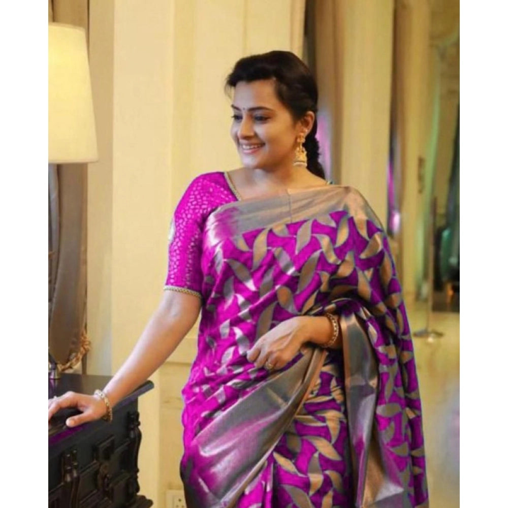 Women's Litchi Silk Printed Saree — Pink · PINK