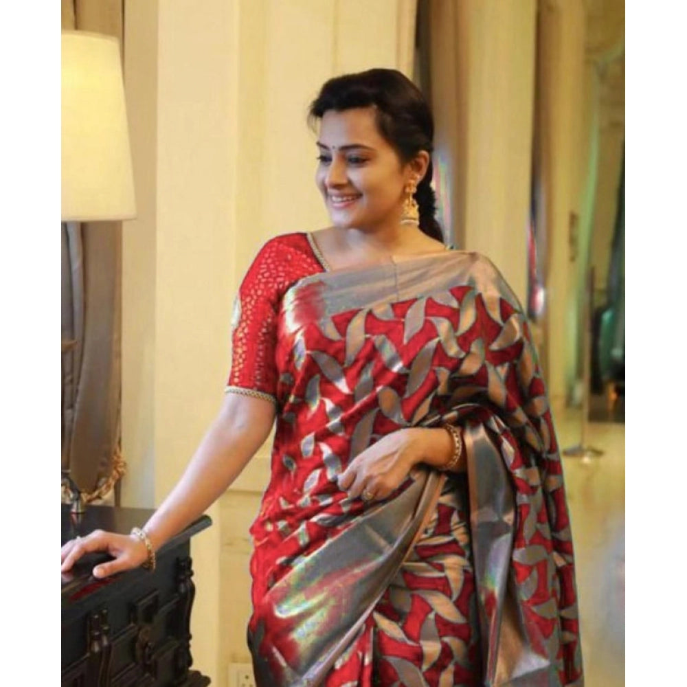 Women's Litchi Silk Printed Saree — Red · _RED