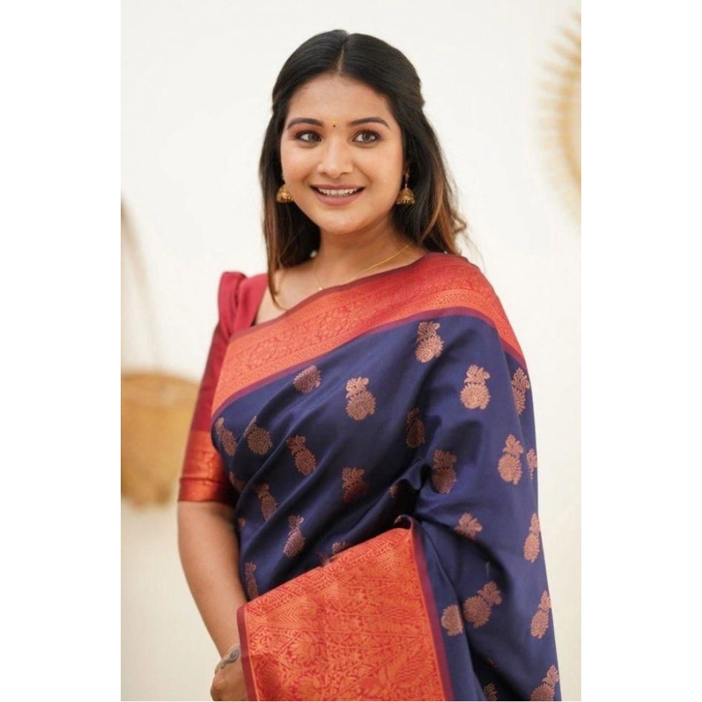 Women's Litchi Silk Printed Saree — Blue · BLUE