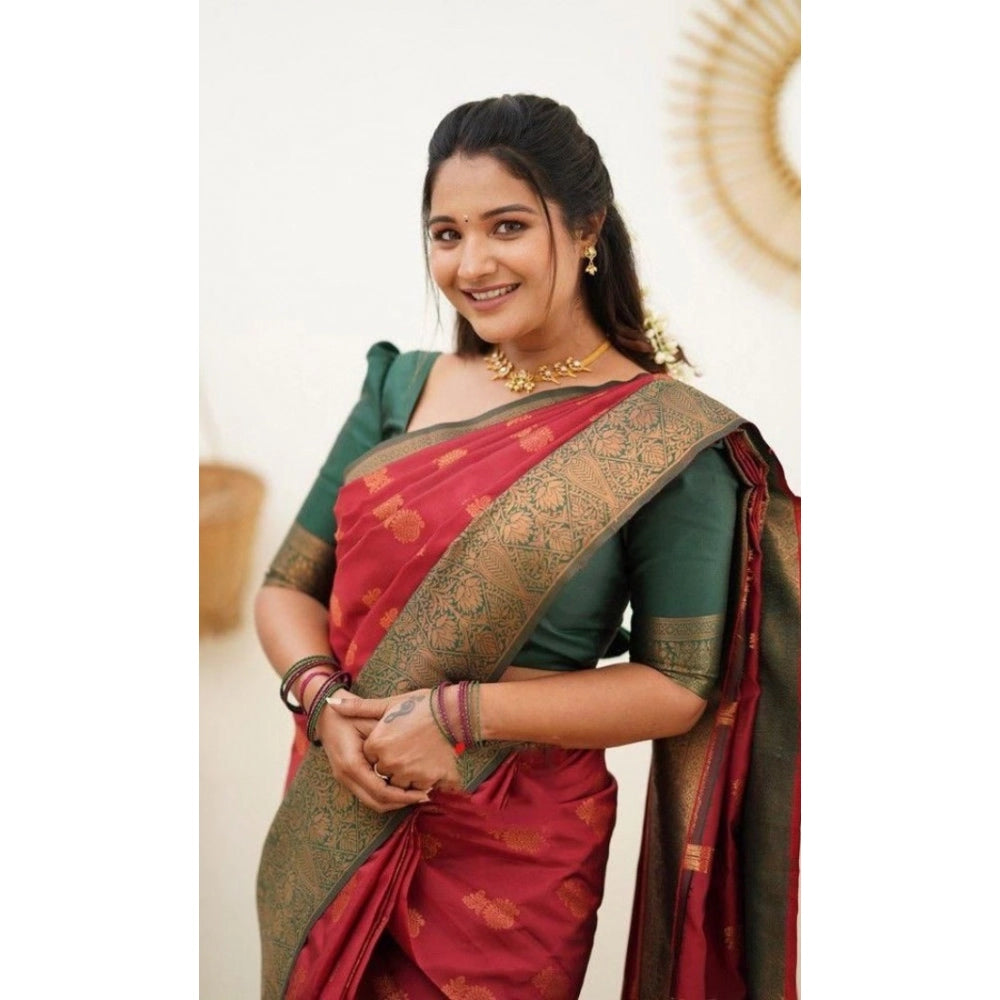 Women's Litchi Silk Printed Saree — Red · _RED