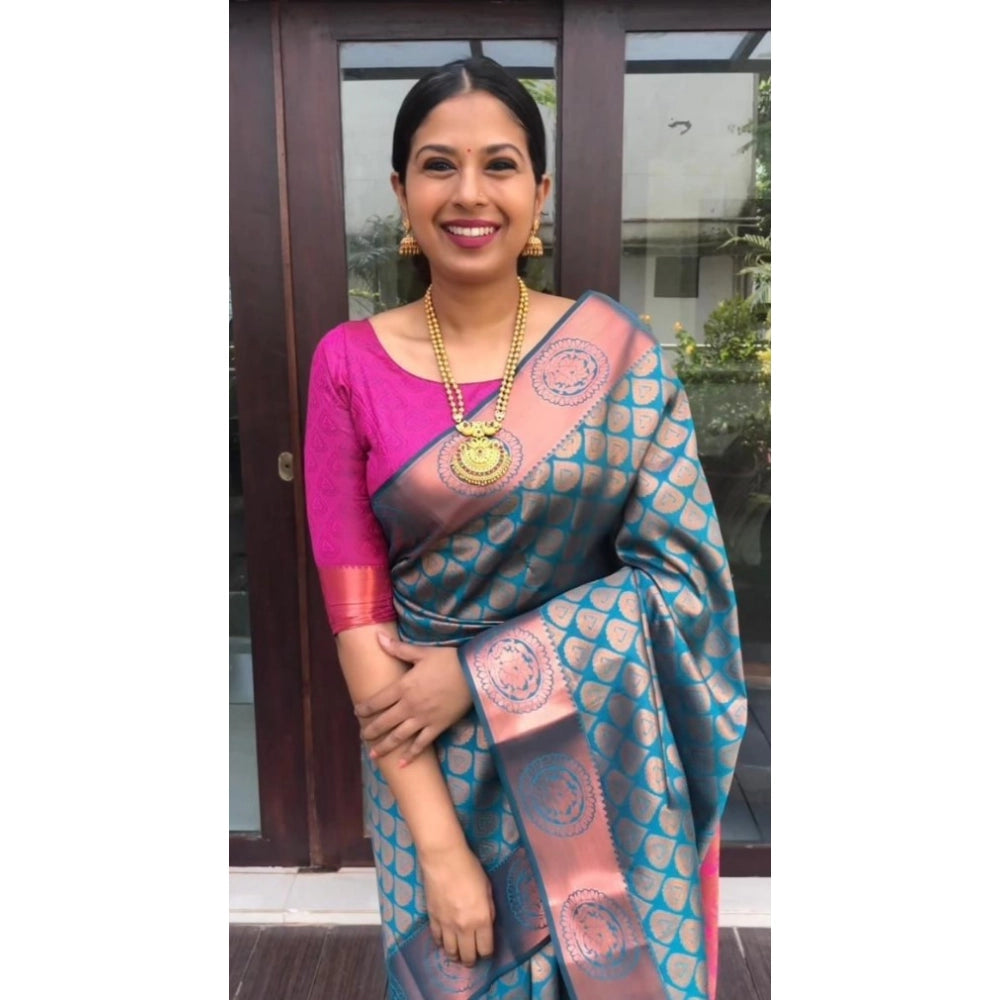 Women's Litchi Silk Printed Saree — Blue · BLUE
