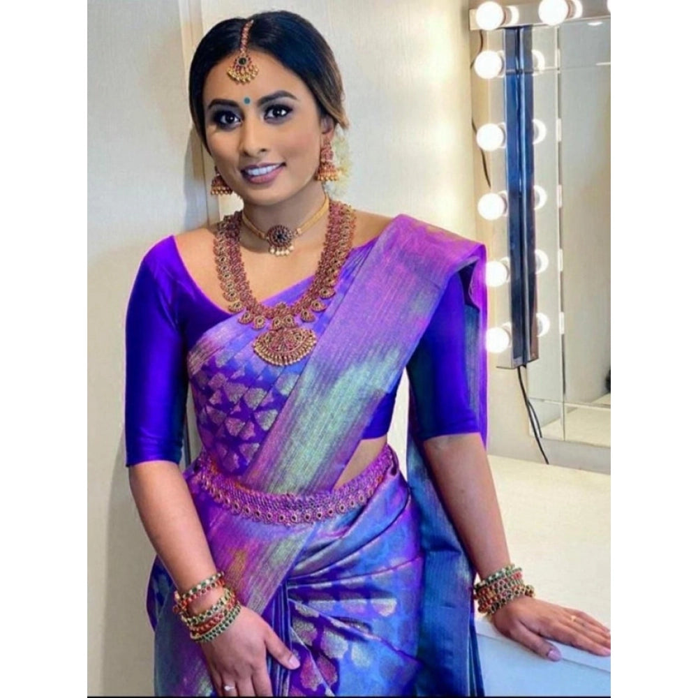 Women's Litchi Silk Printed Saree — Blue · BLUE