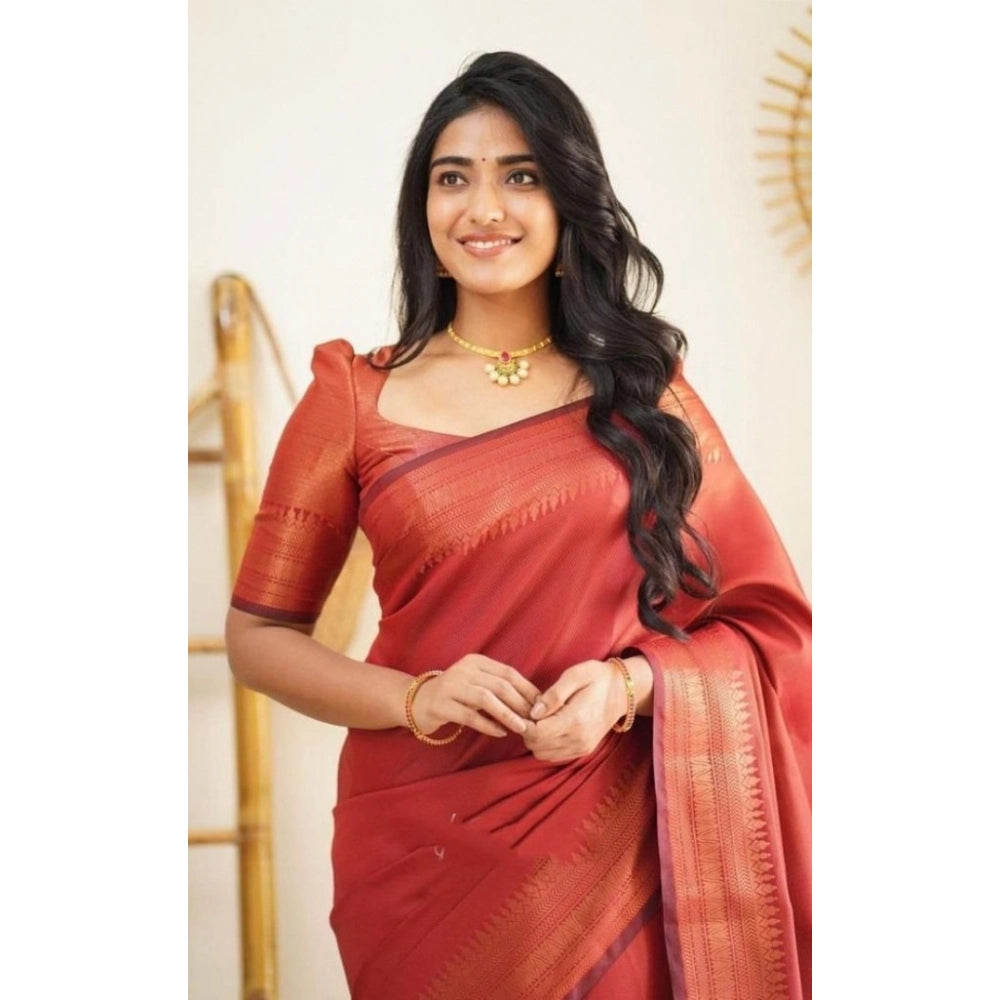 Women's Litchi Silk Printed Saree — Red · _RED