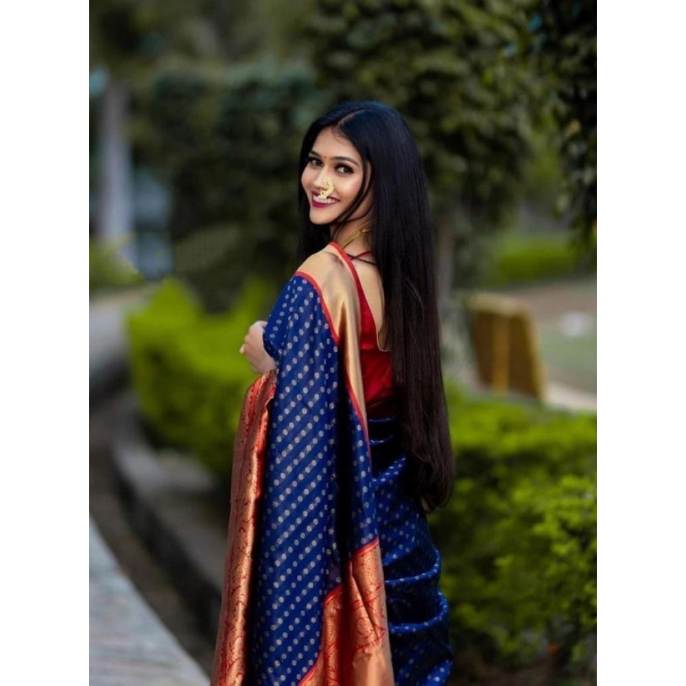 Women's Litchi Silk Printed Saree — Blue · BLUE