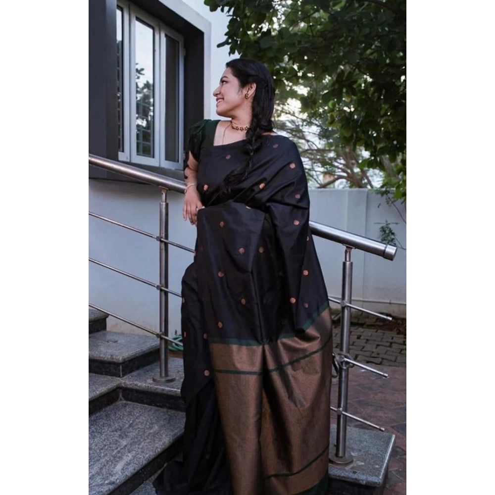 Women's Litchi Silk Printed Saree — Black · lack