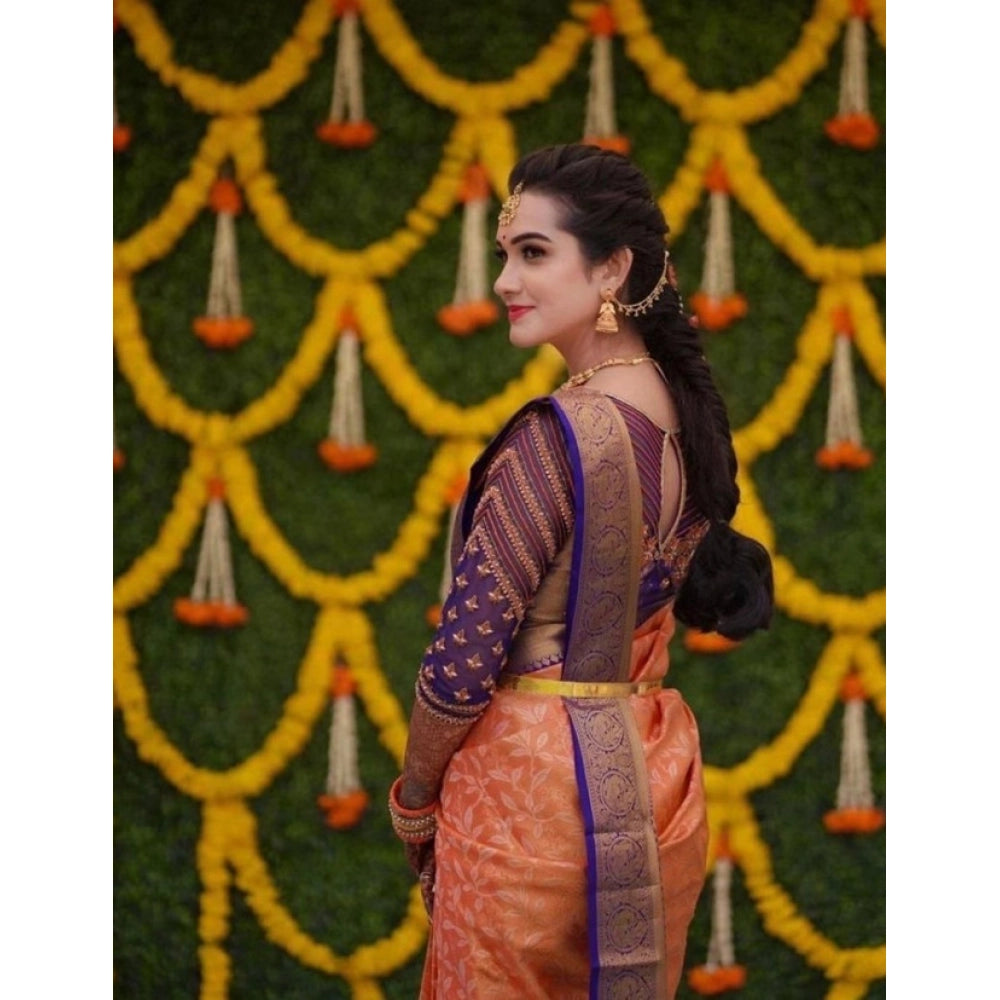 Women's Litchi Silk Printed Saree — Orange