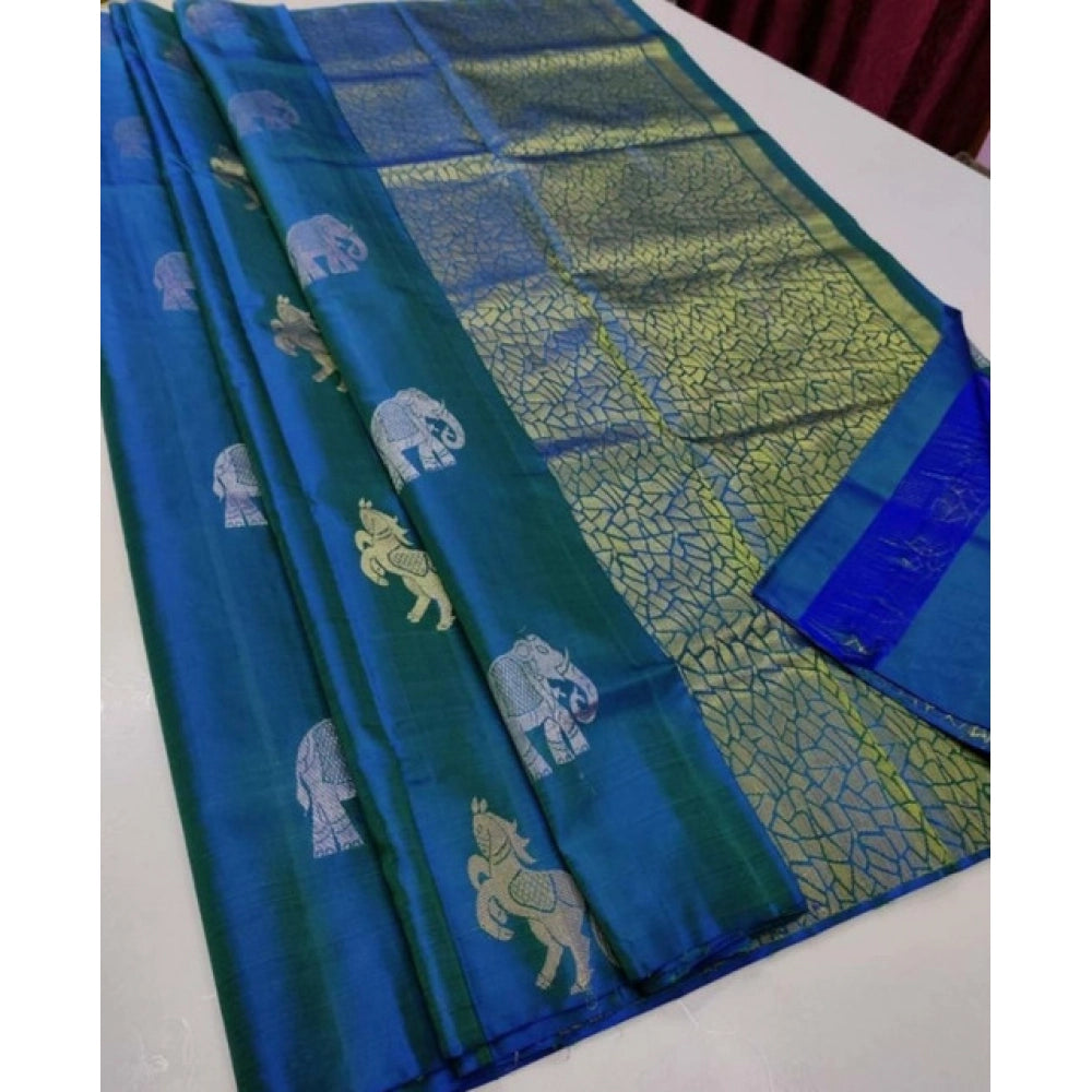 Women's Litchi Silk Printed Saree — Turquise Blue · blue