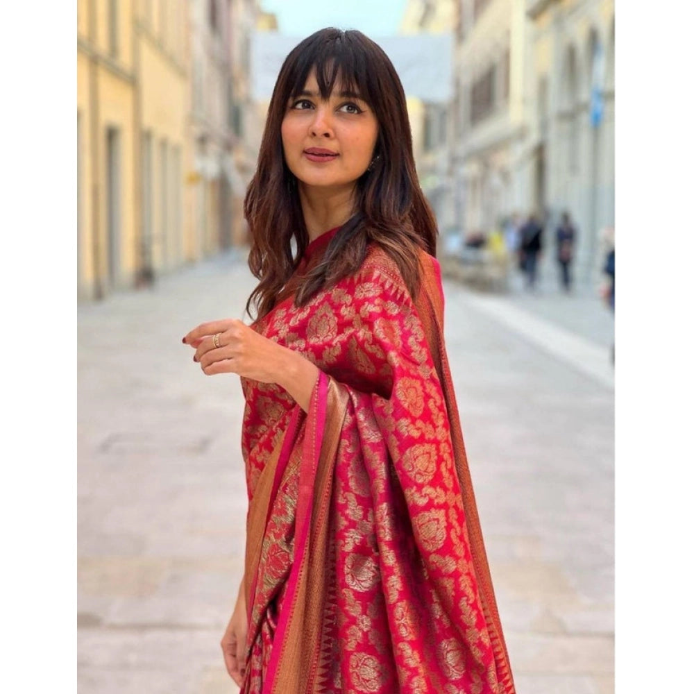 Women's Litchi Silk Printed Saree — Red · _red