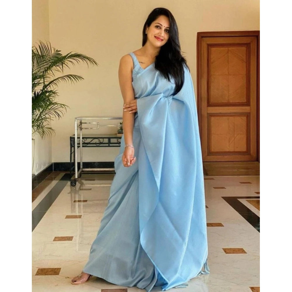 Women's Litchi Silk Printed Saree — Light Blue