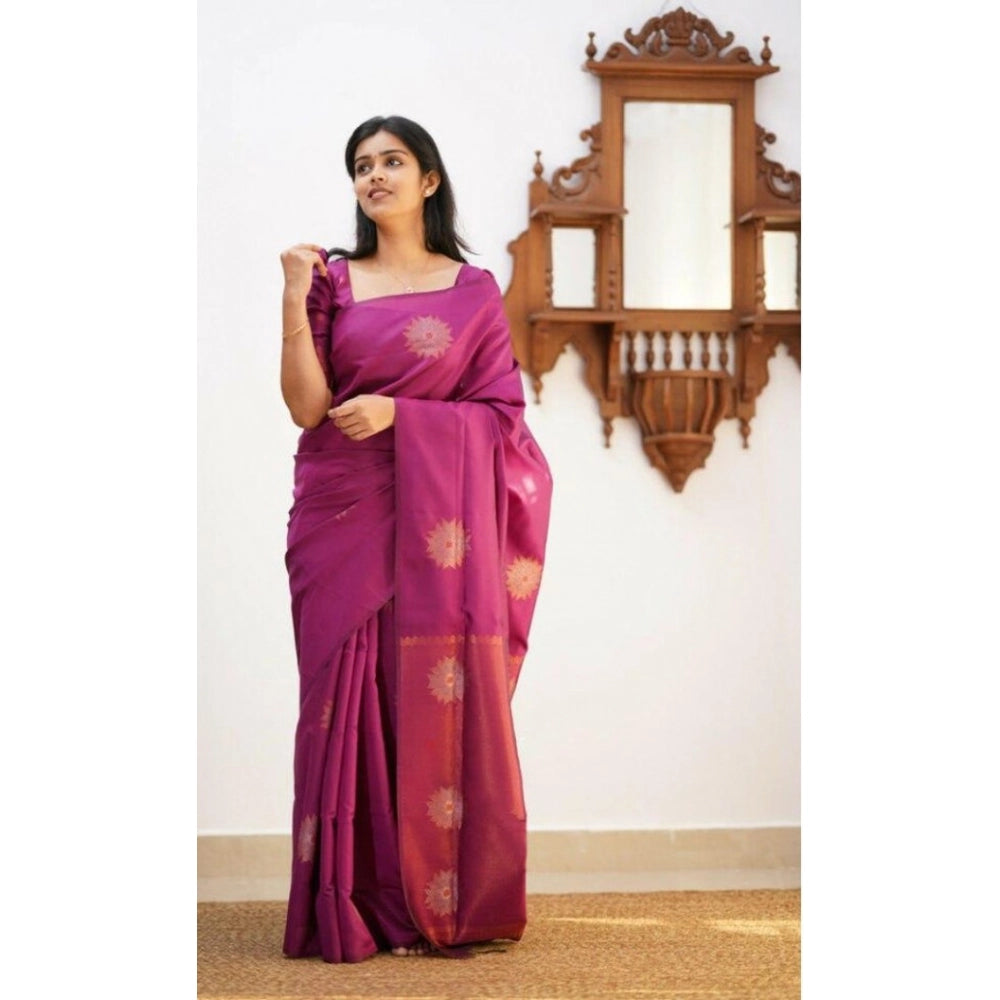 Women's Litchi Silk Printed Saree — Dark Pink