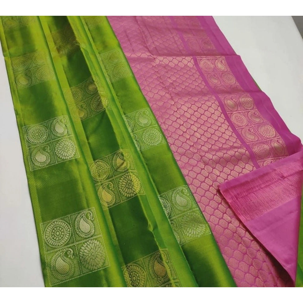 Women's Litchi Silk Printed Saree — Green With Pink