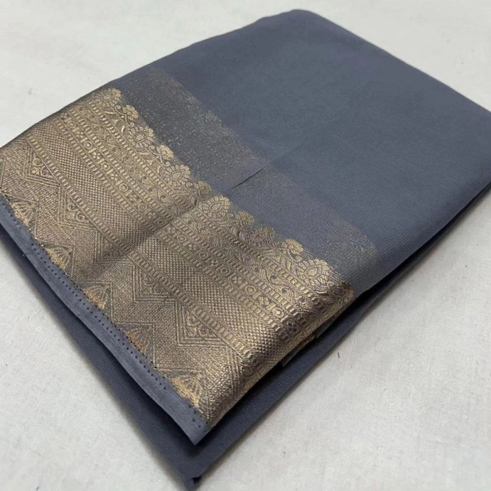 Women's Crepe Chit Pallu Solid Saree — Grey · 1001