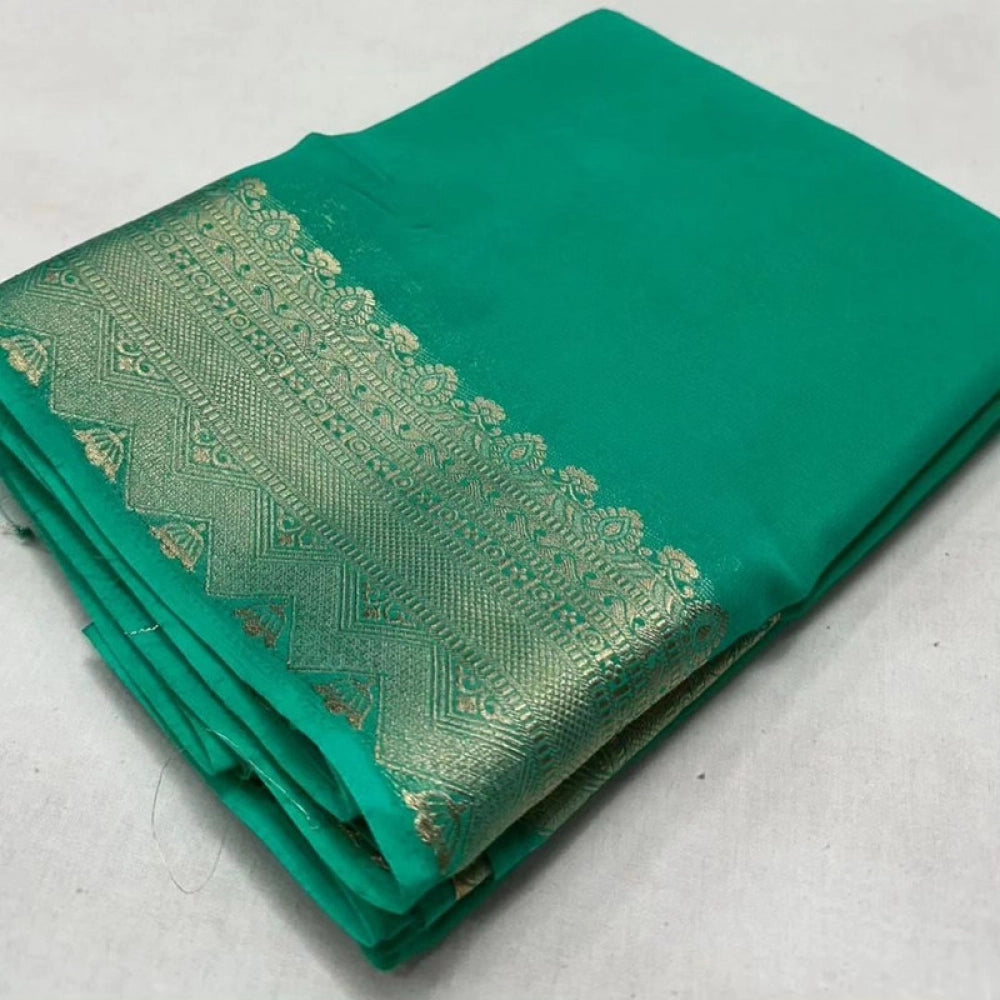 Women's Crepe Chit Pallu Solid Saree — Turquoise Green