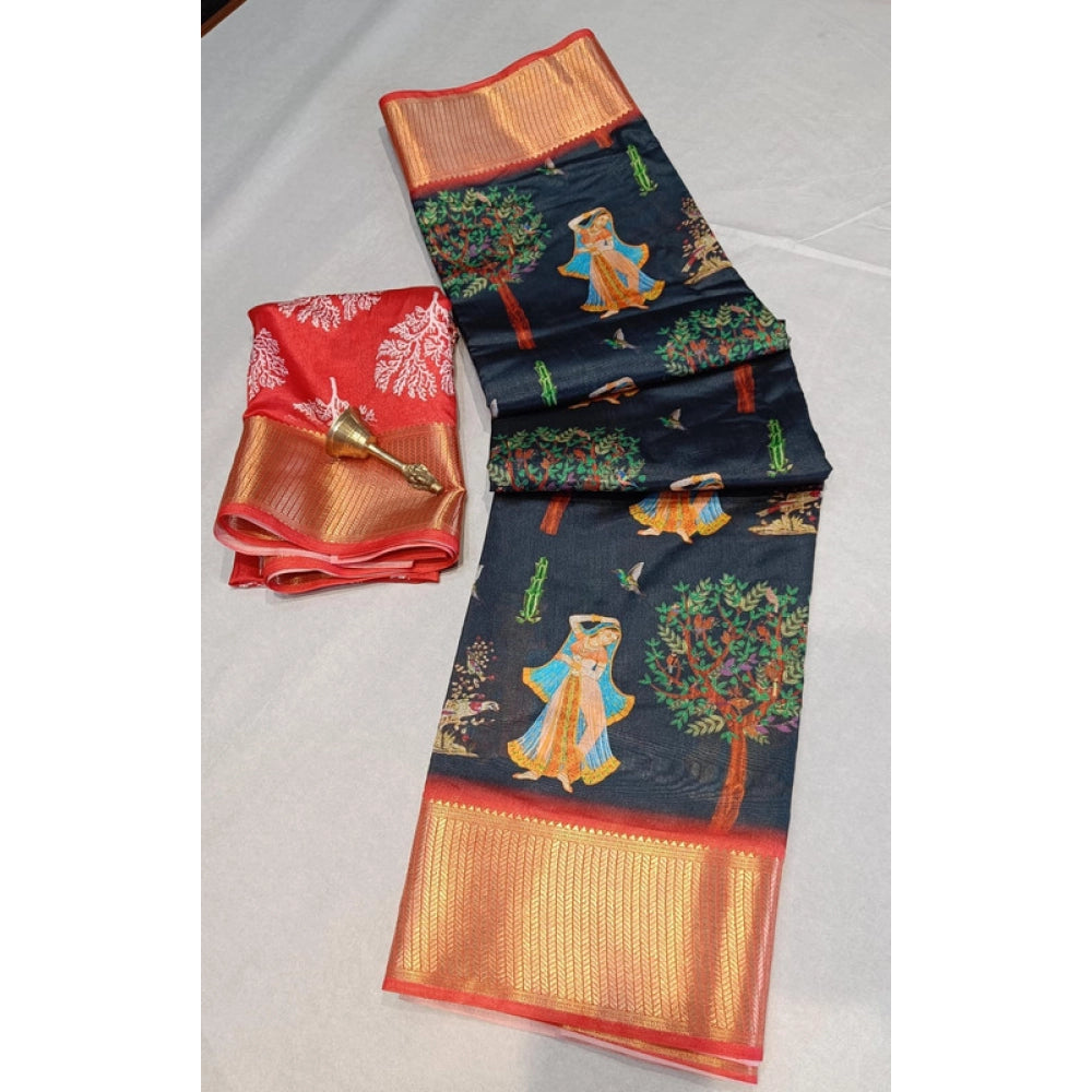 Women's Digital Dolla Silk Printed Saree — Black
