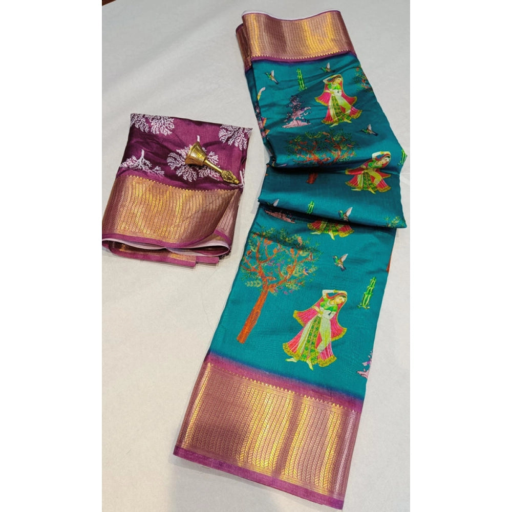 Women's Digital Dolla Silk Printed Saree — Turquoise Green
