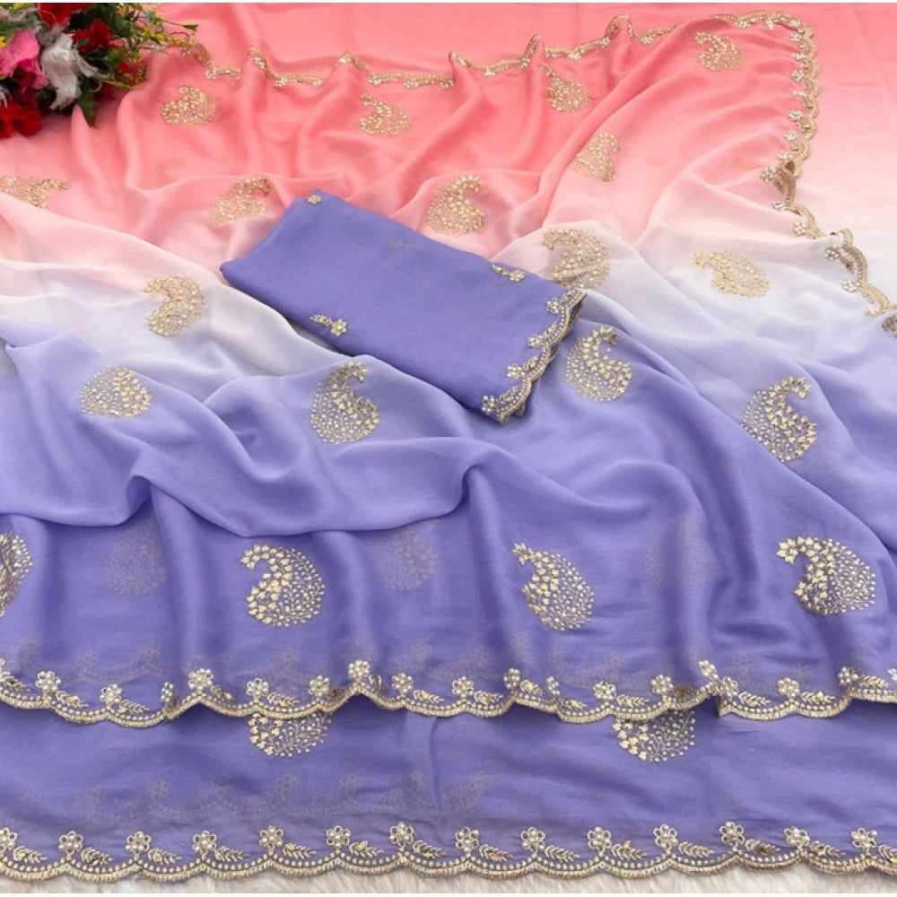 Women's Digital Printed Geogette Saree — Purple