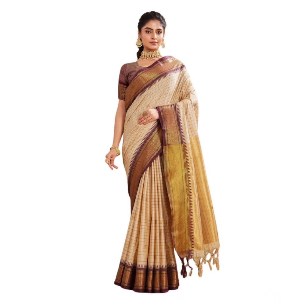 Women's Silk Blended Jaquard Woven Saree — Beige