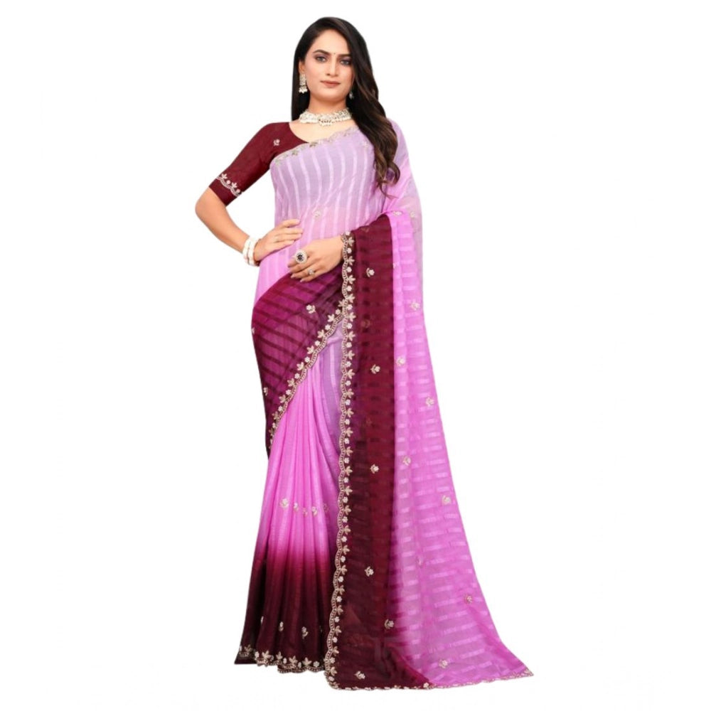 Women's Chiffon Embroidred Saree — Pink · Rani