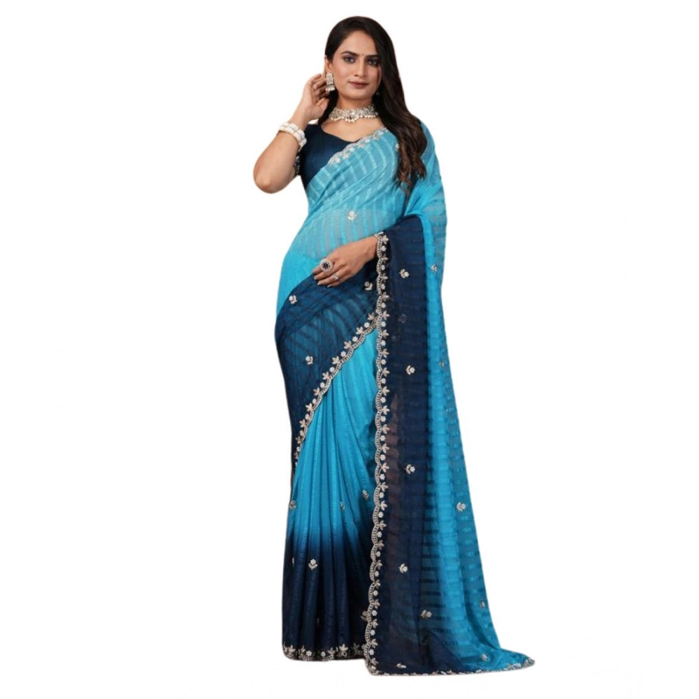 Women's Chiffon Embroidred Saree — Light Blue