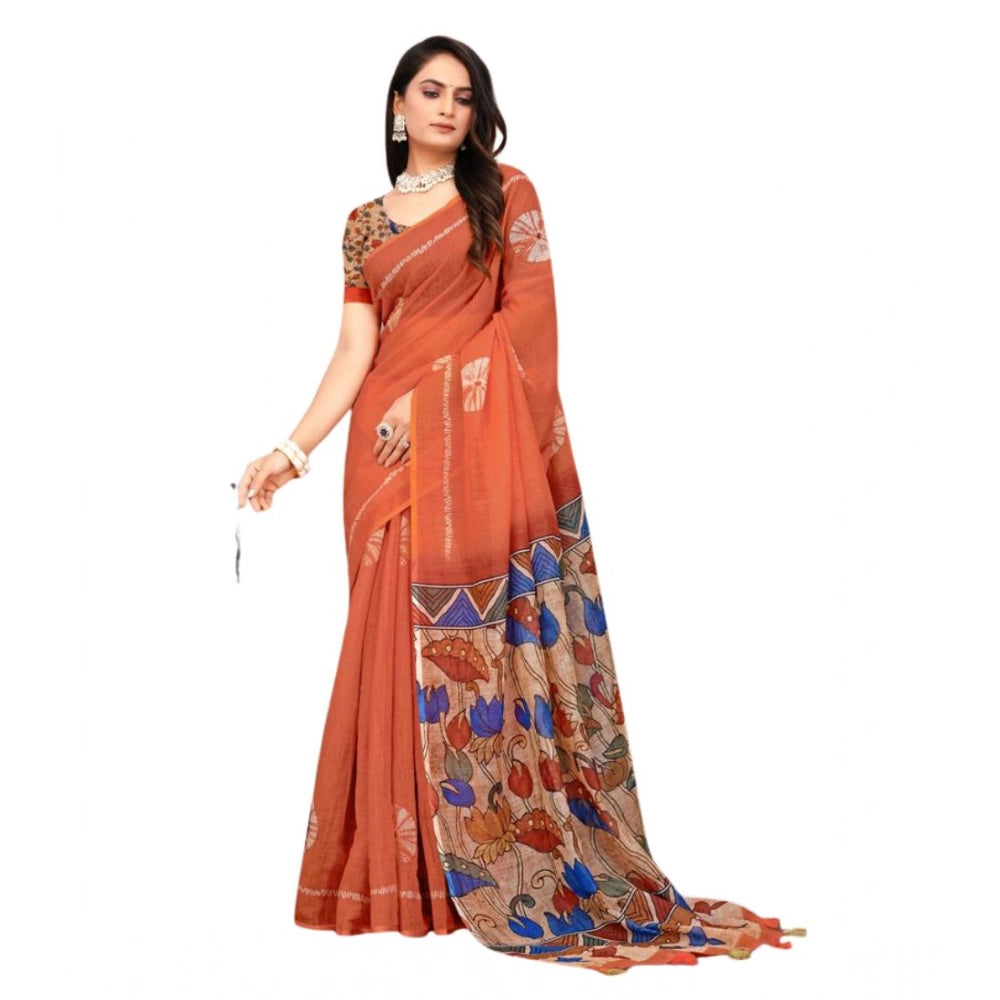 Women's Linen Printed Saree — Red · liya