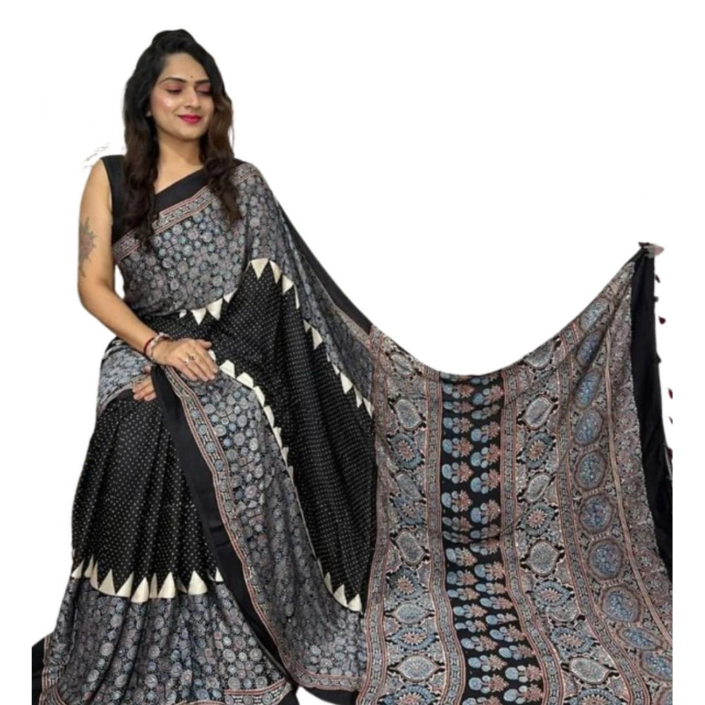 Women's Satin Printed Saree — Black · _105