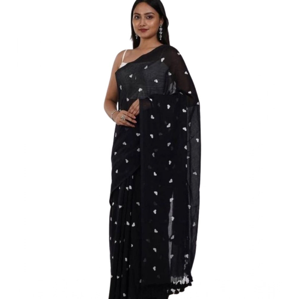 Women's Linen Printed Saree — Black · kWht