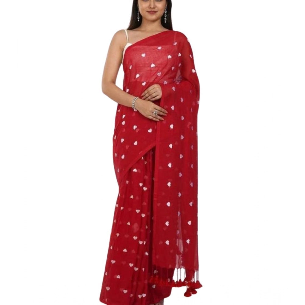 Women's Linen Printed Saree — Red · dWht