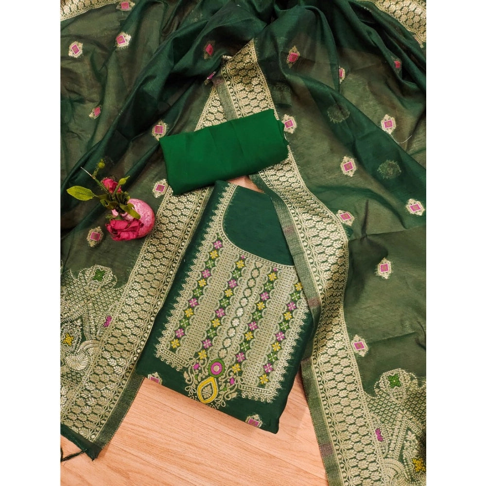 Women's Banarasi Silk Printed Unstitched Salwar Suit Material — Bottle Green · 5_BG