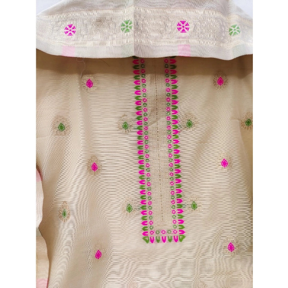 Women's Banarasi Silk Printed Unstitched Salwar Suit Material — Cream · _Crm