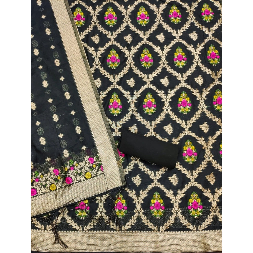 Women's Banarasi Silk Printed Unstitched Salwar Suit Material — Black · _Blk