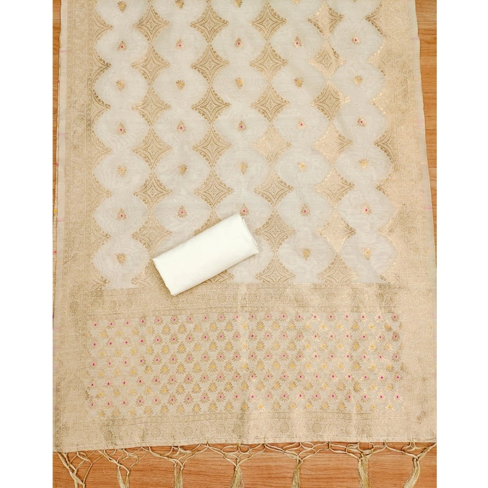 Women's Banarasi Silk Printed Unstitched Salwar Suit Material — White · _Wht