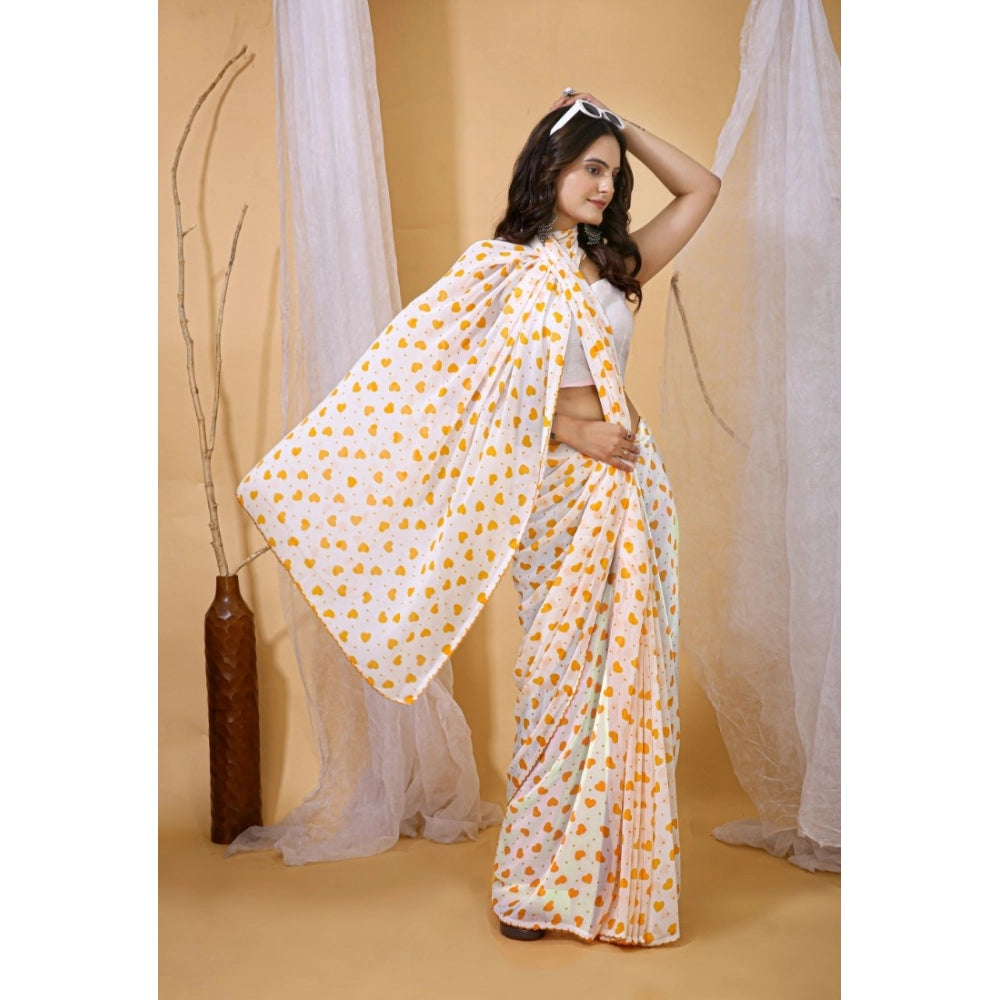 Women's Georgette Printed Saree — White-Yellow