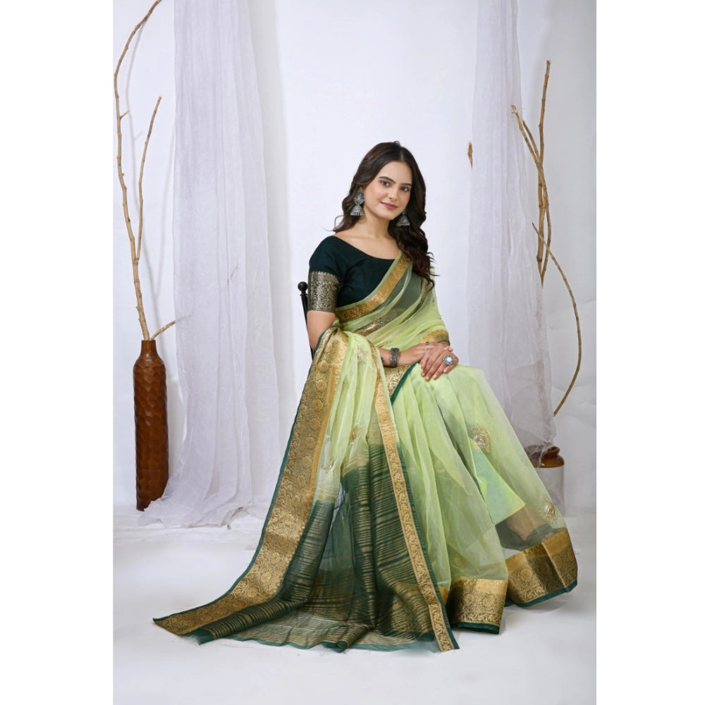 Women's Organza Jacquard Embellished Saree — Light Green